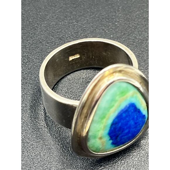 Vintage Sterling Silver 925
Azurite Malachite Teardrop
Ring Sz 6 Wide Band 8.6g - Picture 4 of 10